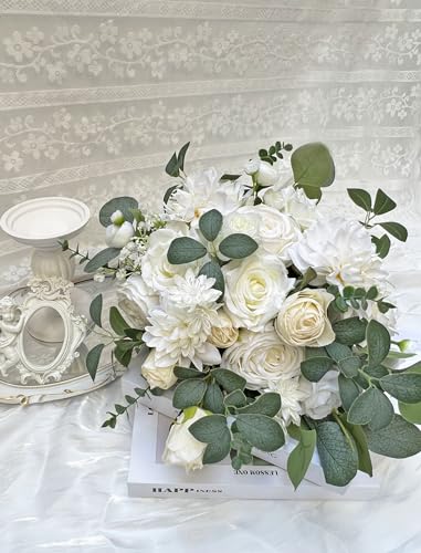 CherishedMoments White Bridal Wedding Bouquet, Artificial Flowers Bridal Cascading Bouquets for Boho Rustic Wedding and Wedding Ceremony, Anniversary - color: White