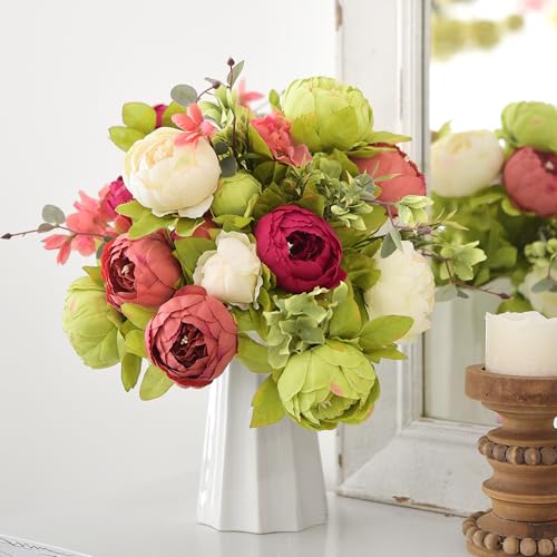 FiveSeasonStuff Country Barn Red Peony Bouquets, 2 Bundles Artificial Silk Flowers with Hydrangeas for Wedding Centerpieces & Home Decor - color: Country Barn Red