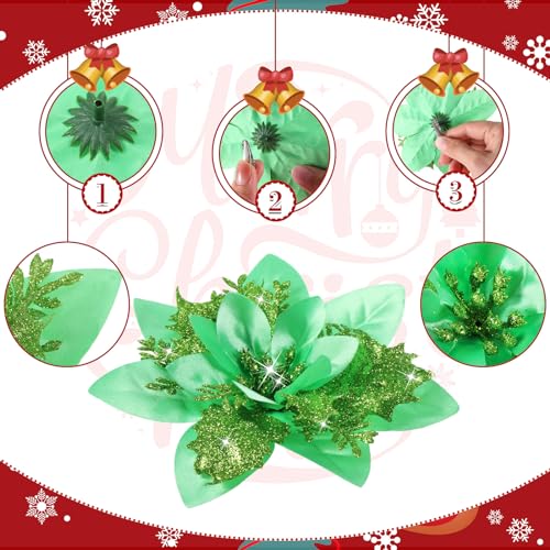 Geosar 36 Pcs Christmas Glitter Artificial Poinsettia Flowers Xmas Poinsettia Artificial Wedding Flowers Decorations Xmas Tree Ornaments with Clips for Party, 6 Inch, 4 Inch, 3 Inch(Emerald Green) - color: Emerald Green