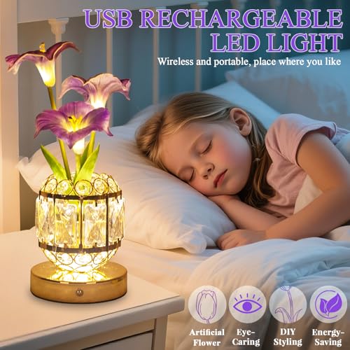 Flower Table Lamp, 3-Color Dimmable Artificial Flowers Night Light, Rechargeable Cordless Small Desk Lamp, Morning Glory with Crystal Vase for Party Date Home Decoration (Purple - Morning Glory) - color: Purple - Morning Glory