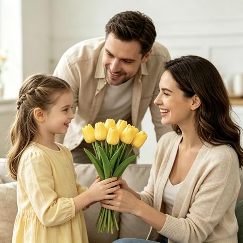 25Pcs Tulips Artificial Flowers, Faux Tulips Artificial Tulips Real Touch Tulip Fake Flowers Bouquets for Spring Wedding Home Kitchen Office Party Decor (Yellow) - color: Yellow