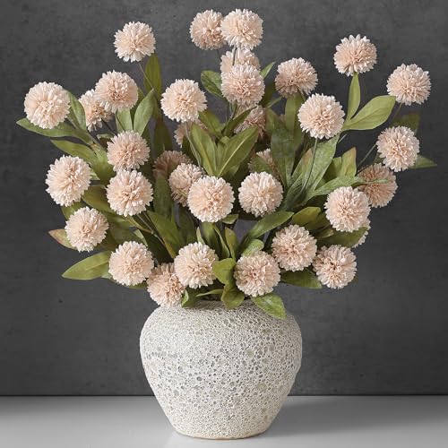 VIERENA 6 Pcs Faux Silk Pompon Mum Artificial Flowers for Vase -27", Bulk Fake Chrysanth Branches with Stems for DIY Bouquet Centerpieces Wedding Fillers Arrangements Shower Decorations (Beige) - color: Beige