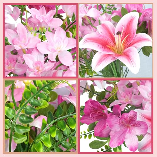 10 Pcs 18.5" Pink Fake Lilies Silk Easter Lily Artificial Flowers Pink Flower Bouquet Fake Spring Flowers Summer Floral Arrangements for Home Kitchen Wedding Table Centerpieces Decorations