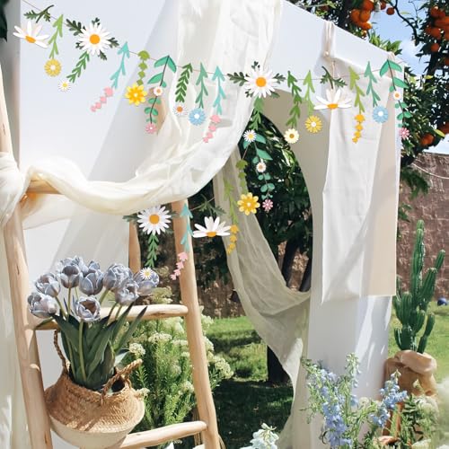 Daisy Flower Banner Wildflower Party Decorations Leaves Banner Paper Flower Garland Daisy Groovy for Wall Decoration Spring Baby Shower Wedding Backdrop Decorations - color: White, Yellow, Green, Pink