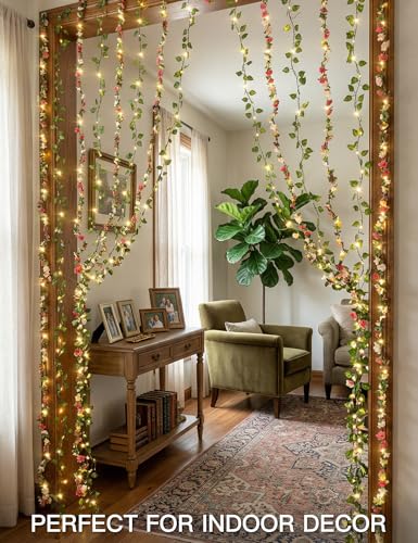 suddus 300 LED Artificial Flower Garland Pothos Vines Curtain Lights, Rose Vines Fairy Lights for Bedroom, Hanging String Lights for Wall, Room, Dorm, Wedding, Party, Indoor Decor 6.8ft x 6.5ft - color: Flower&Pothos, size: Plug In-300Led