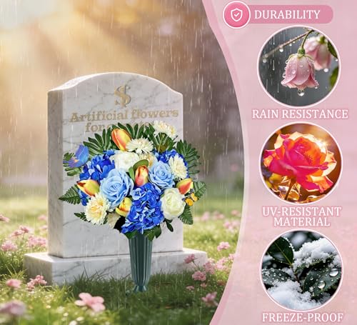 Artificial Cemetery Flowers for Grave,Memorial Flowers Bouquet with Vase for Headstones Decoration,Blue Rose Tulip Hydrangea - color: Blue
