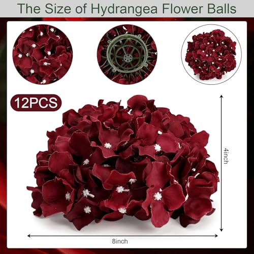 Hydrangea Flower Balls for Centerpieces - 12 PCS Artificial Floral Arrangement with Base, 8.27 Inch Diameter Fake Silk Kissing Ball for Wedding Table Home Party Decor - Burgundy - color: Burgundy-8 Inch-12 Pcs, size: Small Size