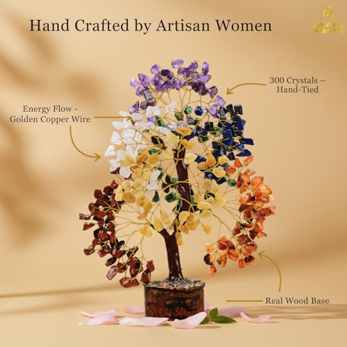 7 Chakra Tree of Life Crystal Tree | 300 Natural Gemstone Beads | Healing Crystal Tree for Housewarming, Positive Energy, Money & Good Luck | Birthday Gift for Women, Men, Mom, Sister & Friends - color: #3 Seven Chakra Golden Wire Tree (300 Beads)