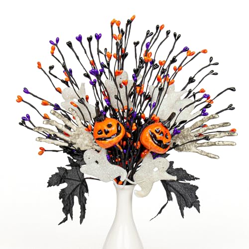 VioletEverGarden 10 Pack Halloween Stems 17 Inch Halloween Floral Picks 3 Styles Berry Branches with Pumpkin Skeleton and Ghost for Gothic Holidays Celebration
