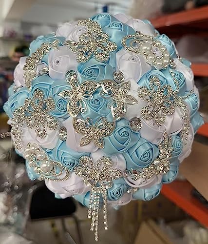 Sharebeauty 9.4" Handmade Satin Rose Bridal Bouquet Toss Round Wedding Bouquet Throw Toss Artificial Flower Bunch Light Blue + White - color: Light Blue/White, size: 9.4"/24cm