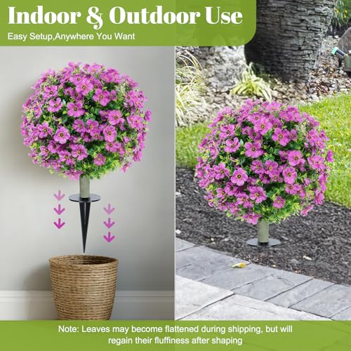 24''Artificial Flowers for Outdoors,2 Pack Topiary Ball Trees Fake Outdoor Plants with Ground Spike,UV Resistant Faux Shrubs for Garden,Porch,Front,Patio,Violet - color: Purple Violet