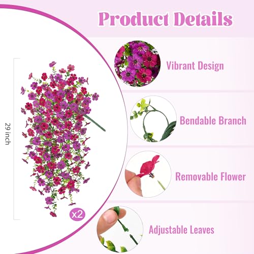 Ammyoo 2Pcs Fake Hanging Flowers for Outdoor Decoration Artificial Hanging Flowers Realistic Daisy Plants UV Resistant, Faux Silk Flower for Porch Patio Window Box Outside Decor(Fuchsia Purple) - color: Fuchsia Purple