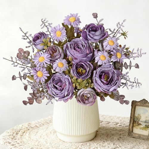 Fake Roses Artificial Flowers 3 PCS Purple Roses Artificial Flowers for Decoration Vintage Roses Silk Mini Rose with Daisy Floral Bouquet for Vase Centerpiece Table Wedding Party Bridal Decor - color: Purple, size: 3PCS