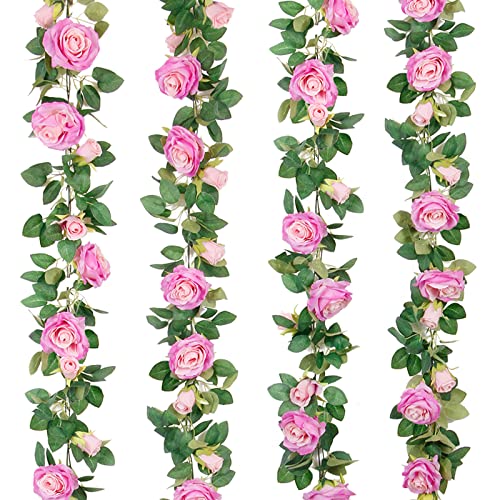 Teldrassil 4Pcs(26 FT) Artificial Rose Vine Fake Flower Garland Fake Silk Rose Hanging Vine for Wedding Party Background Arch Garden Background Decoration (Purplish Red) - color: Purplish Red