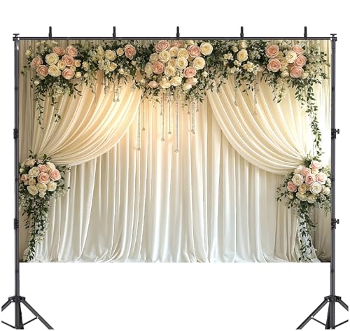 IndoTribe White Floral Wedding Decorations Backdrop 6x4ft – Flower Wall Backdrop for Photoshoot, Wedding, Anniversary Banners, Birthday, Baby Showers – Floral Printed Cloth Fabric