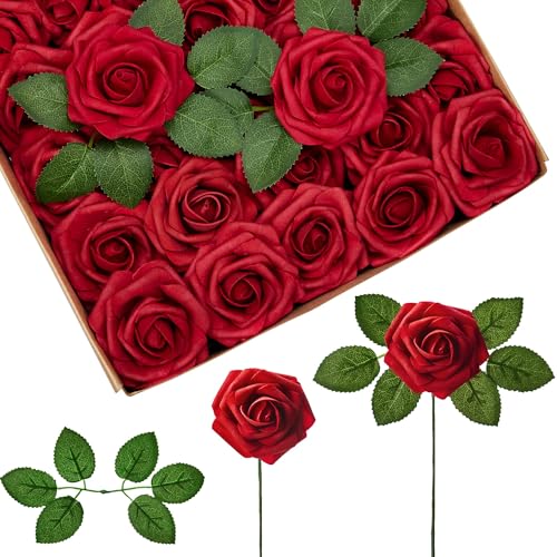 InnoGear Artificial Flowers, 50 Pcs Dark Red Foam Fake Roses Bulk with Stems for Mother's Gift Decoration Celebration DIY Wedding Bouquets Centerpieces Bridal Shower Party Christmas Tree - color: Dark Red