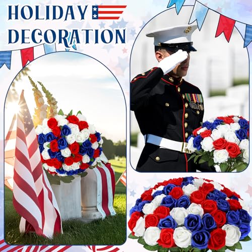 72 Pcs 4th of July Artificial Roses, Red, White, Blue Patriotic Silk Roses for Independence Day, Home Cemetery Decor, Realistic Faux Flowers with Stems(20 inch Bouquet, Indoor/Outdoor Use) - color: Blue,red,white