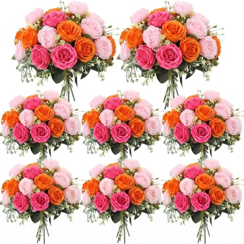 Geosar 8 Bundles Artificial Peonies Flowers Fake Silk Peony Bouquet Faux Peonies Flowers Bulk for Decoration Vase Floral Arrangements Wedding Party Table (Pink,Orange) - color: Pink, Orange