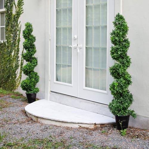 Nearly Natural 5ft. UV Resistant Boxwood Spiral Topiary Artificial Tree in Decorative Planter (Indoor/Outdoor)