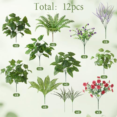 Pertivery Outdoor Faux Plants,12 Bouquets Artificial Plants UV Resistant Greenery&Flowers with Stems, for Patio Garden Front Porch Decor Fake Plants for Outside - color: Red and Green