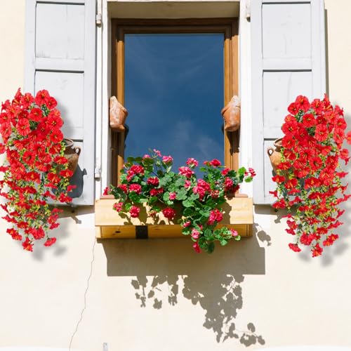 Hanging Morning Glory Artificial Flowers for Outdoors,Faux Plant,Decoration Plastic Flowers for Outside,Garden,Home Decor,Wedding Events,Patio,Porch,Yard(Red,2 Bunches/4Pcs) - color: Red, size: 2 Bunches/ 4Pcs