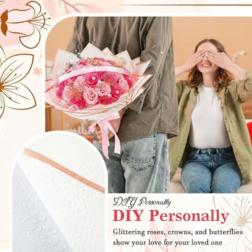 Thiccywoov 36 Pcs Glitter Roses Bouquet Graduation Artificial Rose DIY Flower Bouquet Kit Flower Wrapping Paper 3D Butterflies Crowns for Mom Mother Teacher Birthday (Light Pink,Dark Pink) - color: Light Pink,dark Pink