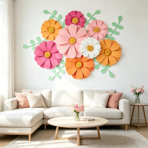 SUNBEAUTY Daisy Paper Flowers Party Decorations, Party Flower Decorations, Orange Yellow Flowers Wall Hanging, 1st Birthday Bridal Baby Shower Wedding Classroom Tea Party Daisy Décor - color: White Pink Daisy