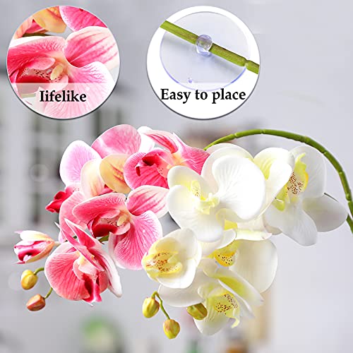 Chuangdi 2 Pieces Artificial Phalaenopsis with Suction Cups Terrarium Plant Decoration Reptile Habitat Plant Decor for Hermit Crab Lizards Geckos Snake Reptile (Dark Pink, White Yellow) - color: Dark Pink, White Yellow, style: Gradient