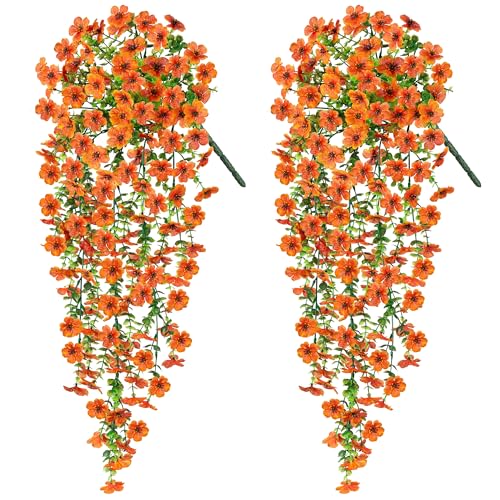 Ammyoo Artificial Hanging Flowers for Outdoors Fake Plants Decoration, 2 Packs Faux Silk Daisy Flower Realistic Outdoor Flowers UV Resistant Porch Patio Window Yard Indoor Spring Decor(Orange) - color: Orange