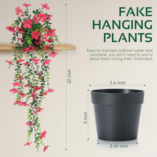 FAVOWREATH Fake Plants Hanging Artificial Potted Faux Eucalyptus Plants and Flowers for Modern Boho Farmhouse Bathroom Office Desk Wall Book Shelf Living Room Aesthetic Decor Indoor (Rose Red) - color: Rose Red