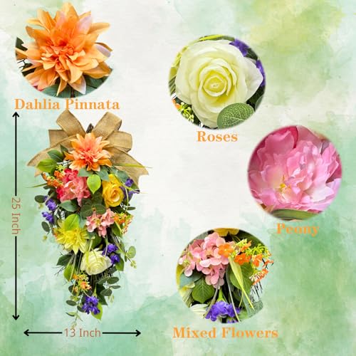 Svndlyn Spring Summer Floral Teardrop Swags Lighted Mixed Flower Teardrop Wreath with Dahlia Pinnata Peonies Rose Burlap Bow and Eucalyptus Leaves Floral Arrangement for Door Wall Mantel Window