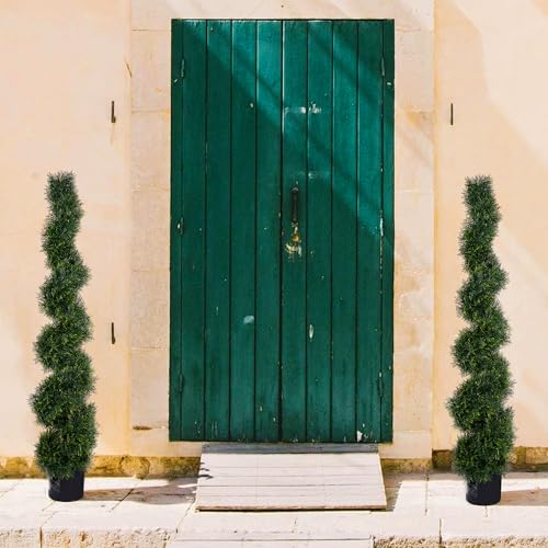5FT Spiral Artificial Topiary Trees, Artificial Outdoor Plants - Faux Cedar Trees for Front Porch Indoor Outdoor Decor Artificial Plants UV Resistant Set of 2 - size: 5ft