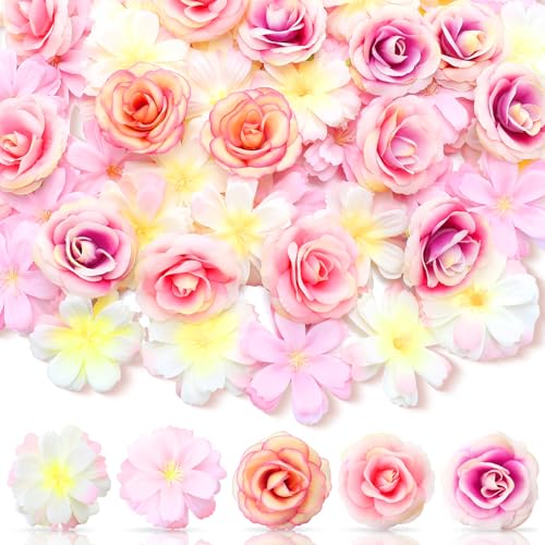 Hanaive 80 Pcs Mini Silk Flower Heads Small Fake Peony Daisy Rose Plum Blossom Bulk Artificial 3D Fabric Flower Heads Bulk for DIY Wedding Hair Dresses Crafts Decoration(Pink Color) - color: Pink Color