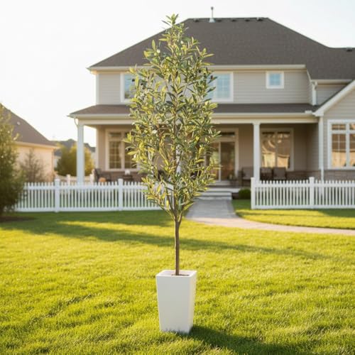 Aveyas 7ft Artificial Olive Tree for Home Decor, 7 Feet Large Faux Plant Fake Skinny Silk Trees with Pot for Indoor Outdoor House Living Room Office (7 ft Tall Including Raised Pot) - color: Olive Tree (7ft)