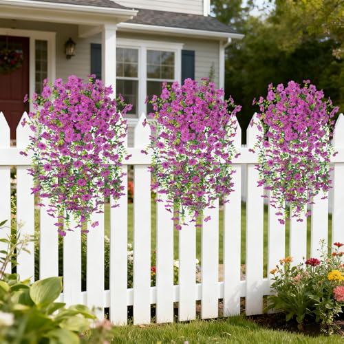 Hrobek 4 PCS Artificial Hanging Plants Flowers for Outdoor Srpring Summer Decoration, Fake Realistic Daisy Eucalyptus for Outdoors, Faux Plastic Greenery Long Vine Indoor Wall Patio Porch Decor - color: A-light Purple