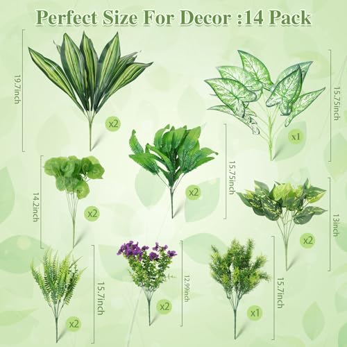 THKFUL 14Bundles Artificial Greenery Plants Outdoor Artificial Ivy Plants Faux Pothos Ferns Stems UV Resistant, Realistic Fake Shrubs Grasses Flowers Planter Filler for Window Box,Porch,Garden,Front - color: Purple Green
