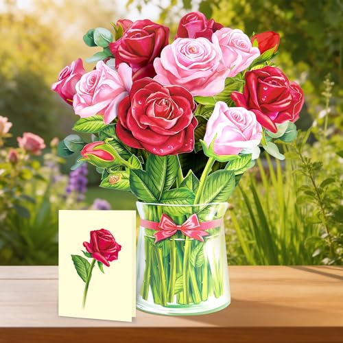 Airpark 3D Pop Up Paper Flowers Bouquet Card 12’‘ with Note & Envelope, Birthday Gifts, Anniversaries, Get Well, Thank You, Greeting Cards for Women Mom Wife Friends, Red Rose - style: Roses