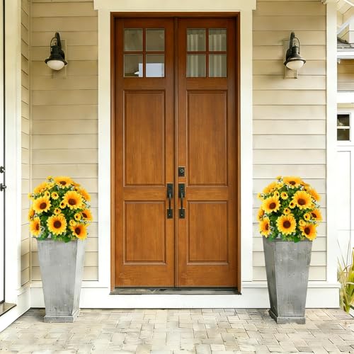 24" Artificial Boxwood Topiary Ball Tree with Ground Spike Sunflower for Outdoor Planters, UV Resistant & Waterproof Bushes, Fake Outdoor Plants for Porch Garden Yard, Set of 2