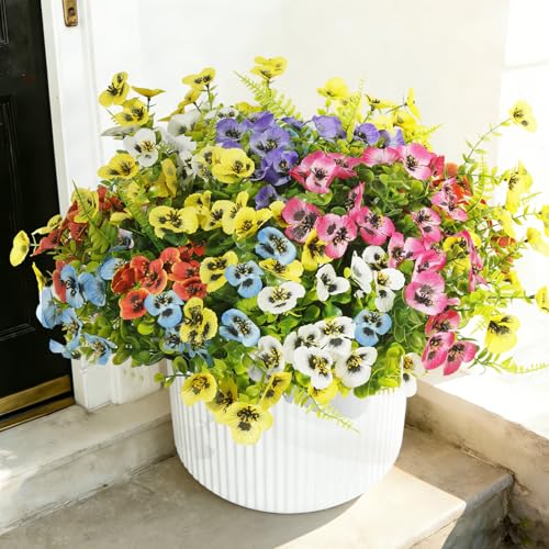 Artificial Pansies for Outdoors UV Resistant, 36pcs Fake Pansy Flowers Realistic, Yellow Pansy Flowers for Outdoor Planters, Colorful Faux Pansies Plants for Garden Outside Patio Porch Window Decor - color: Multi Color（mixed 6 Colors）, size: 36 pcs