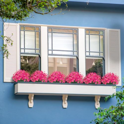 Outdoor Artificial Flowers 21 UV Resistant Bundles Fake Flower Plastic Plants Faux Silk Flowers Porch Hanging Garden Porch Window Box Decorating (Rose Red) - color: Rose Red