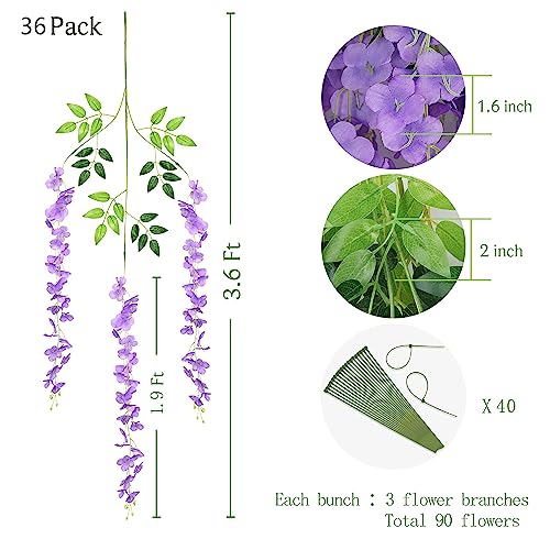 BLEUM CADE 36Pcs Purple Fake Wisteria Hanging Flowers, 3.6Ft/Pcs Artificial Wisteria Garland, Hanging Flowers for Wedding Party Home Backdrop Wall Decoration - color: Purple, size: 36pcs