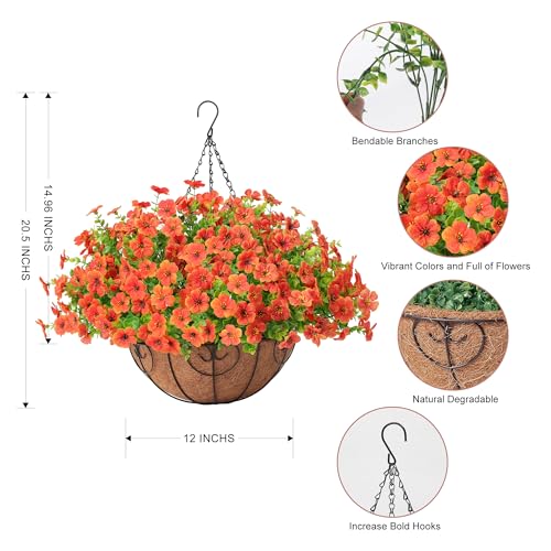Artificial Fake Hanging Plants Flowers Basket Outdoors Summer Autumn Decor, Hanging Planter with Faux Silk Daisy Flowers Realistic UV Resistant for Outside Home Porch Front Patio Balcony Garden Orange - color: Orange