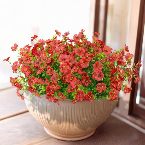 LikSoor 16 Bundles Artificial Flowers Outdoor Spring Summer Decoration Fake Silk Colorful Daisy Eucalyptus Realistic UV Resistant Outside Faux Plants for Garden Porch Window Box Home Decor(Red) - color: Red