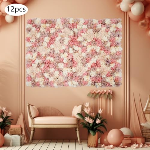 Artificial Flower Wall Panels, Set of 12 Shown in The Pic Dahlia Rose Hydrangea Backdrop, Silk Fabric with 100 Cable Ties, Reusable Party Wedding Home Wall Decor (15x18 Inch) - color: Shown in the Pic