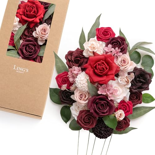 Ling's moment Artificial Wedding Flowers Combo, Fake Greenery for DIY Bouquets Centerpieces Decorations Foam Rose Hydrangea Kit with Stems for Party Home Decor, Burgundy & Powder Pink, Deluxe Combo - color: Burgundy & Powder Pink, size: Deluxe