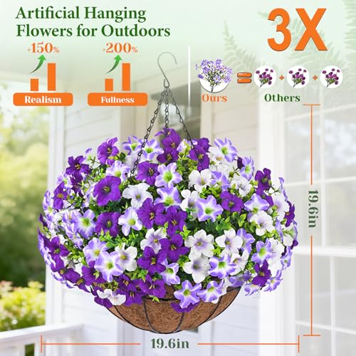 Realistic Artificial Hanging Flowers for Outdoors with Basket, 1 Set Large Size UV Resistant Artificial Outdoor Flowers, Full Faux Outdoor Flowers Fake Hanging Flowers for Porch, Front Door, Garden - color: Three Colored Purple, size: 1 Set