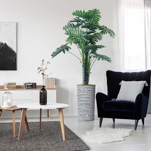 Artificial Tree in Modern Geometric Pattern Planter, Fake Philodendron Tree Silk Tree for Indoor and Outdoor Home Decoration - 70" Overall Tall (Plant Pot Plus Tree) - style: Philodendron Tree