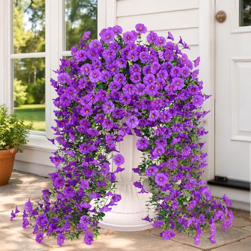 Artificial Flowers for Outdoors, Fake Hanging Flowers for Decoration, UV Resistant Artificial Outdoor Plants, 4 Pcs Artificial Petunias for Outdoors Garden Patio Porch Yard Decoration, Purple - color: Purple, size: 4 Pack