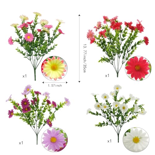 FERIAL 4Pcs Artificial Daisy Flowers for Decoration Outdoor Artificial Wildflowers Bulk Faux Silk Fake Daisy Spring Flower Purple Pink for Floral Home Decor Garden Patio Vase Table Centerpiece