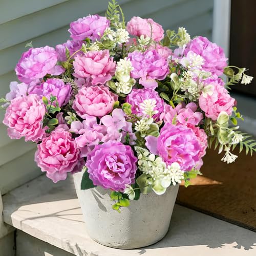 6 Bundles Peonies Artificial Flowers for Outdoors UV Resistant Faux Peony with Hydrangea Fake Flowers Silk Flowers for Outside Front Porch Garden Window Box Decor(Lavender Pink, Purple) - color: Lavender Pink, Purple